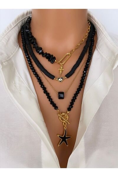 Trend Jewellery ( 4 Kolye ) Doğal Taş Kadın Siyah Oniks Çelik Zincir Altın Kaplama Melek Yıldız Özel Kadın Kolye