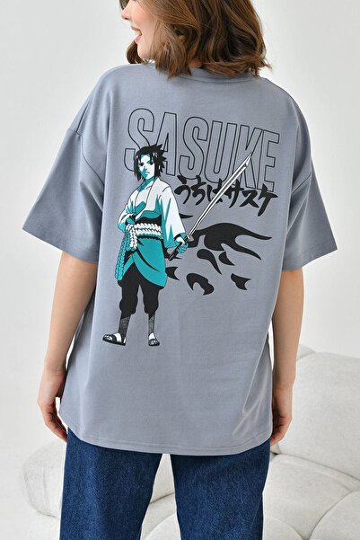 bacc تي شيرت رمادي كبير الحجم - رقبة دائرية، ظهر مطبوع، خيطين BC241126