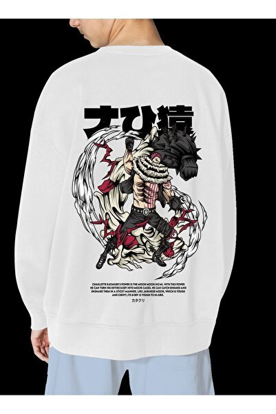 FECCY Hanorac unisex alb cu imprimeu Katakuri, supradimensionat, fără glugă