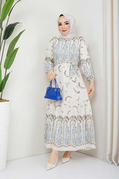 BAV Butik Ayvitrin Women's Authentic Banana Pattern Linen Linen Hijab Dress