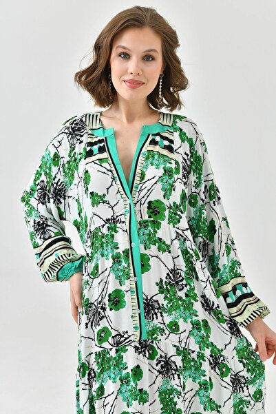 bacc Dámský zelený límec soudce se vzorem na půl knoflíku vpředu dlouhé viskónové tkané hidžábové šaty Bc 241150