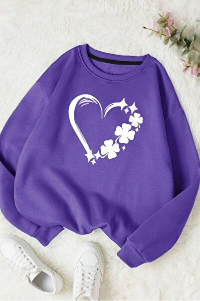 FECCY Hanorac unisex din bumbac oversize cu imprimeu digital floral violet - ...