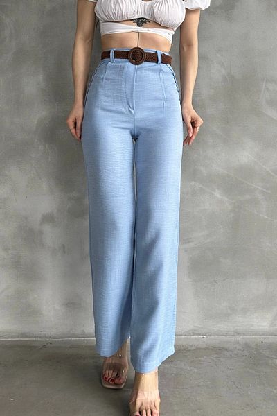 bacc Pantaloni de in pentru femei Baby Blue cu centură Bcdf- 241103
