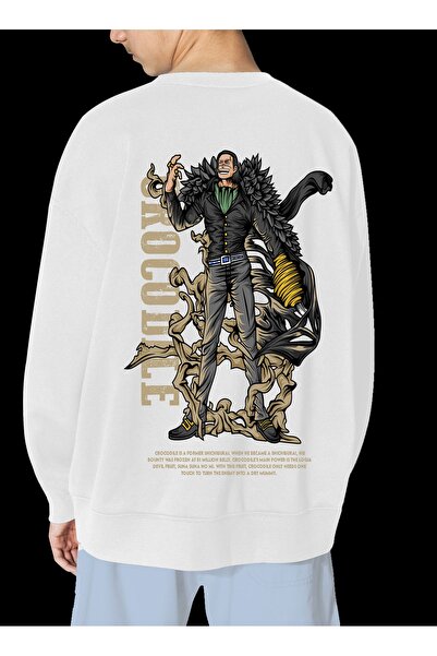 FECCY Hanorac unisex alb cu imprimeu crocodil, supradimensionat, fără glugă