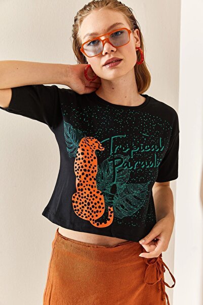bacc Γυναικείο μπλουζάκι από βαμβακερό μοτίβο με μαύρο λεοπάρ Crop Bc 241117
