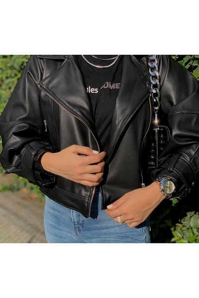 MAGZA Schwarze Lederjacke mit Ballonärmeln