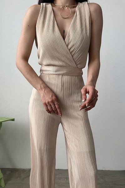 bacc Beige V-Neck Belted Women's Jumpsuit - Crinkle Bcdf-241074