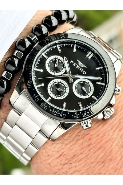 FERRO Men's Wristwatch and Bracelet Rosary - Silver Color, Functions Active