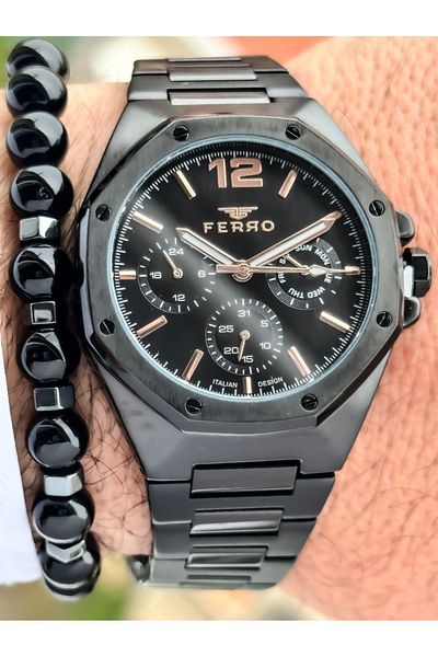 FERRO New Collection - Black Men's Wristwatch, Function Bracelet Rosary