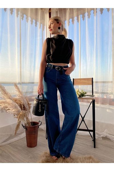DRC trend Nicola Lycra Jeans de damă, albastru închis, cu talie super înaltă, cu picioare largi, din denim, pantaloni largi