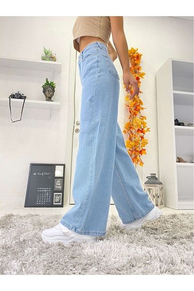 DRC trend Ice Blue Hannah Lycra - Pantaloni Palazzo largi din denim cu talie înaltă