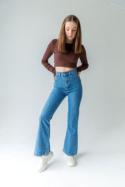 DRC trend Blugi cu picior evazat Fade Medium Blue Flare Jeans Pantaloni din denim cu talie înaltă