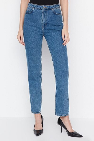 DRC trend Blugi mom subțiri cu talie înaltă din Lycra albastră