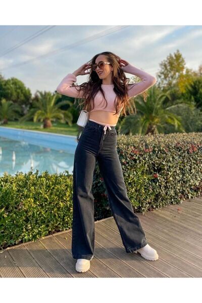 DRC trend بنطال جينز كاجوال من الليكرا أسود عالي الخصر - ساق واسعة