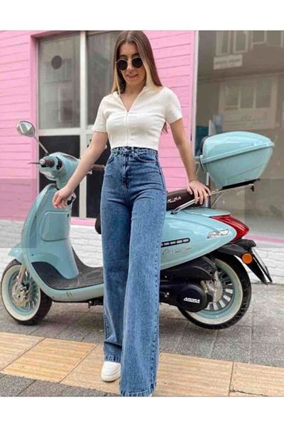 DRC trend Pantaloni Palazzo Caar anii 90, blugi, largi, cu talie super înaltă, în lycra albastru