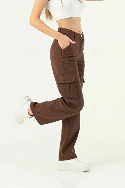 DRC trend Furitti Brown Cargo Loose Back Pocketless Lycra Super High Waist Jean Trousers
