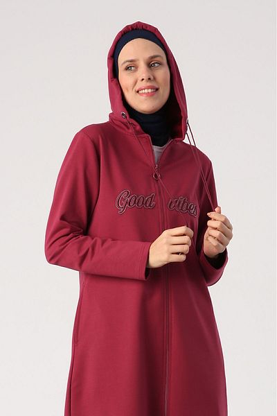 ALLDAY Dark Claret Red Απλικέ Κεντημένη Ζακέτα με κουκούλα με διπλό κορδόνι