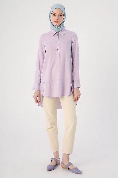 ALLDAY Lilac Shirt Collar Half Placket Slit Long Back Tunic
