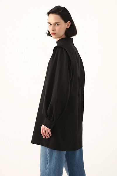 ALLDAY Women's Black Shoulder Pleat Detailed Balloon Sleeve Tunic