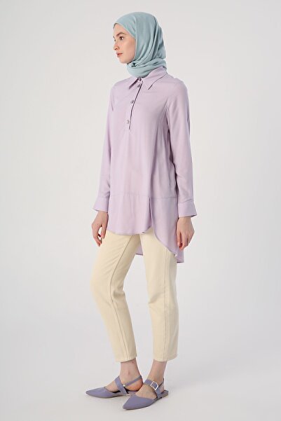 ALLDAY Lilac Shirt Collar Half Placket Slit Long Back Tunic