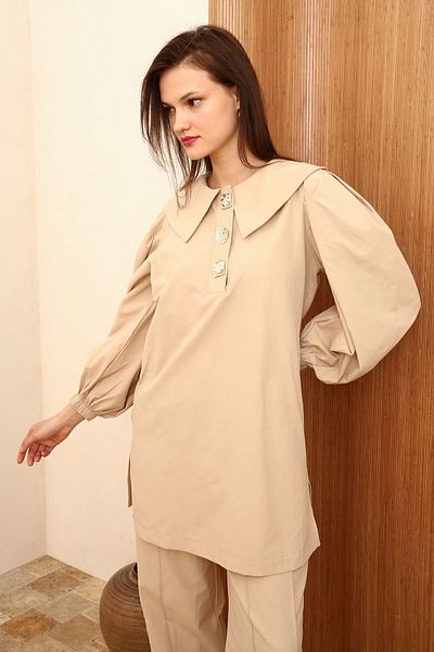 ALLDAY Beige-Gold Buttoned Large Collar Trousers Suit