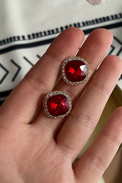Dora Accessories Kücük Oval Kırmızı Taşlı Altın Renk Abiye Kadın Küpe