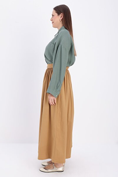 ALLDAY Camel Button Detailed Pleated Skirt
