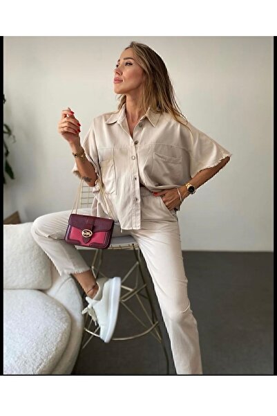 manana fashion Taş Rengi Keten  Bağcıklı Paçası Püskül Detay Pantolon