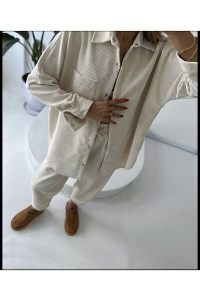 manana fashion Ecru Velvet Corduroy Shirt and Pants Set