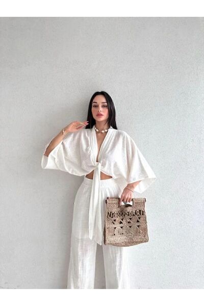 manana fashion Keten Beyaz Yarasa Kol Bağlamalı  Bolero Kimono  Astarlı Panto...