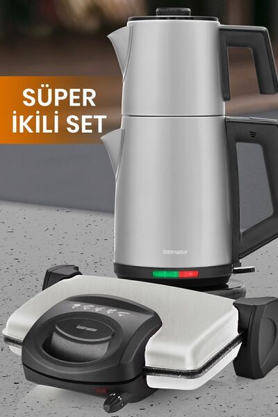 GOLDMASTER Silver Avantajlı Ikili Set Paketi Paslanmaz Çelik Çay Makinesi Ve Su Isıtıcısı Tost Izgara Makinesi
