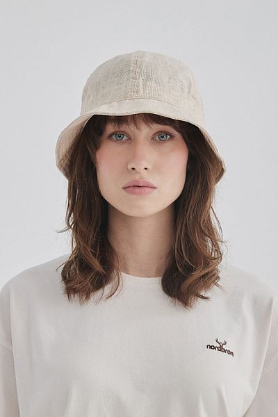 Nordbron Unisex Beige Linen Logo Embroidered Detailed Basic Bucket Hat Cotton Inner Lined Cool Nolasco