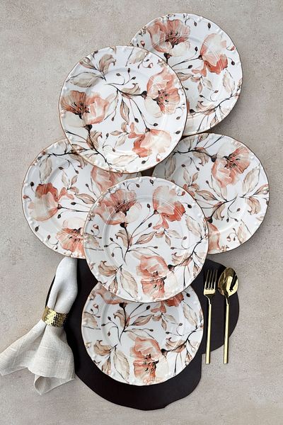 porselenden Nostalji Grandma Matte Gold 25 Cm Porcelain Pink Flower Serving Plate Set for 6 Persons
