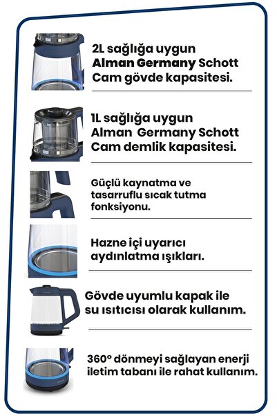 GOLDMASTER Alman Schott Cam Demlikli Ve Geniş Gövdeli Çay Makinesi Ve Led Işıklı Su Isıtıcısı