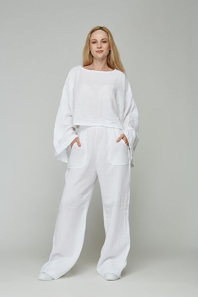 estewoman 100% Cotton Muslin 2-Piece Set - Bat Sleeve Trousers and Blouse