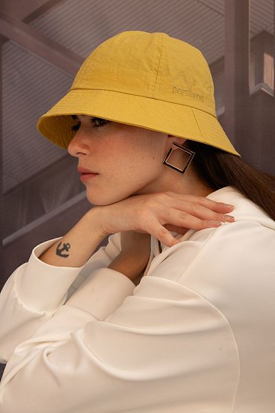 Nordbron Unisex Yellow Embroidered Logo Detailed Summer Bucket Bucket Hat Anti-Sweat Cotton Sweatband Wide Model