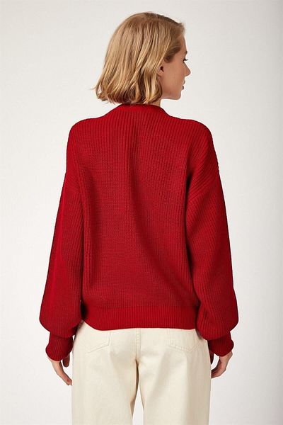 AQE FASHION Women's Red 3-Button Sleeve Flounce Cardigan