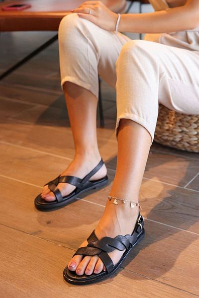 NILUFARR South Black Genuine Leather Women's Sandals