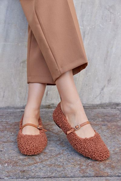 NILUFARR Poffy Tan Genuine Leather Women's Ballerinas