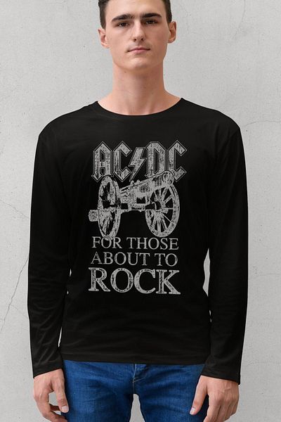 ROCKANDROLL Top Rock Acdc Black Crew Gât cu mânecă lungă din bumbac pieptănat Tricou bărbați