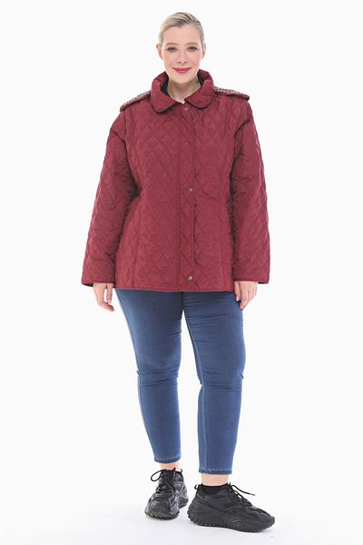 VETRE Women's Large Size Plaid 75 Cm Seasonal Claret Red Quilted Coat 1024