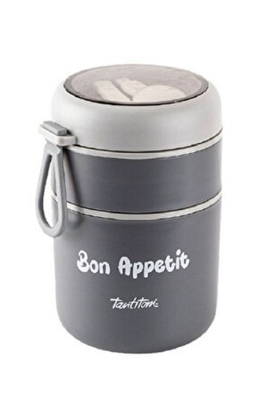 PeriStore Tantıtonı Gray Stainless Steel Round - 2-Layer Food Carrying Container with Plastic Spoon 710ML