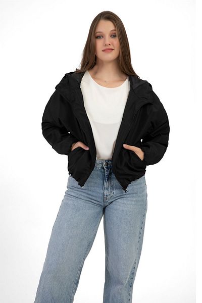 Montland Women's Black Hooded Water and Windproof Pocket Lined Oversize Raincoat