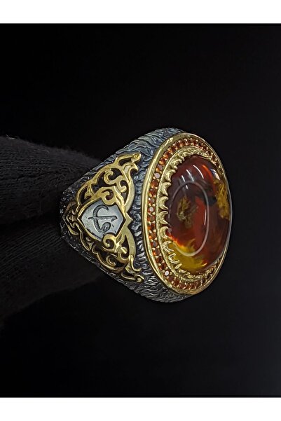 Senin Silver Fosil Kehribar Vav Harfli 925 Ayar Gümüş Erkek Yüzük | Detaylı Taş Tasarımı l El Yapımı