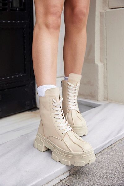 NILUFARR Γυναικείες μπότες Brella Beige Γνήσιο Δερμάτινο Χοντρό Σόλα
