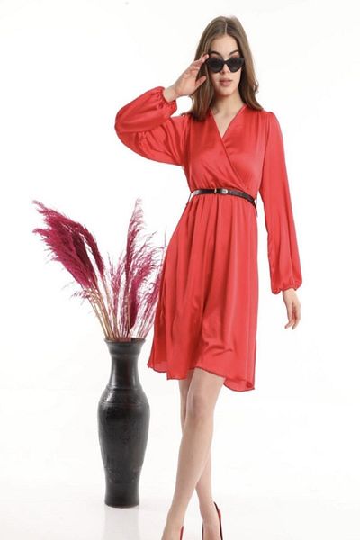 NKTCOLLECTİON Women's Red Belted New Season Stylish Design Satin Fabric Dress
