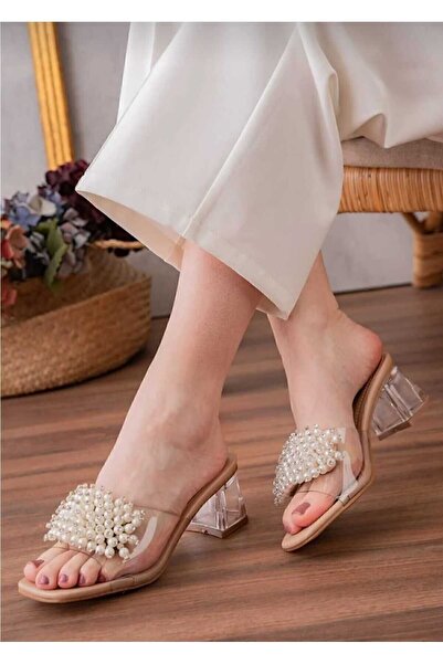 Bilalim Shoes AYL-01 incili taşli şeffaf topuklu 5 cm kadın terlik şık ve rahat