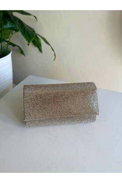 Busrabags Gold Gold Evening Dress Portfolio Bag with Stones on Both Sides