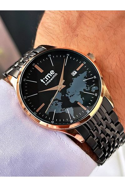 Timewatch Men's Wristwatch - Steel Cord with Rose and Black Calendar
