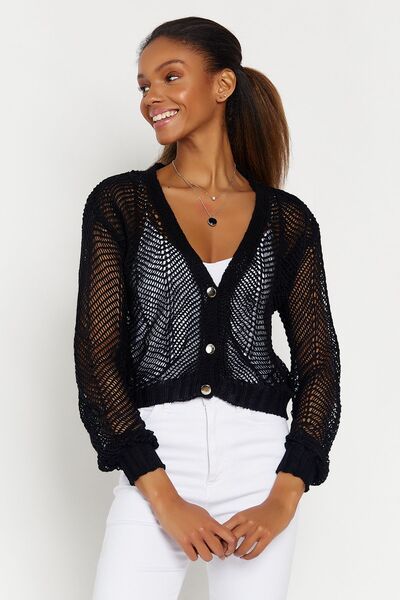 Hopoi Kadın Siyah Ince Yazlık Ajurlu Crop Hırka Hop903